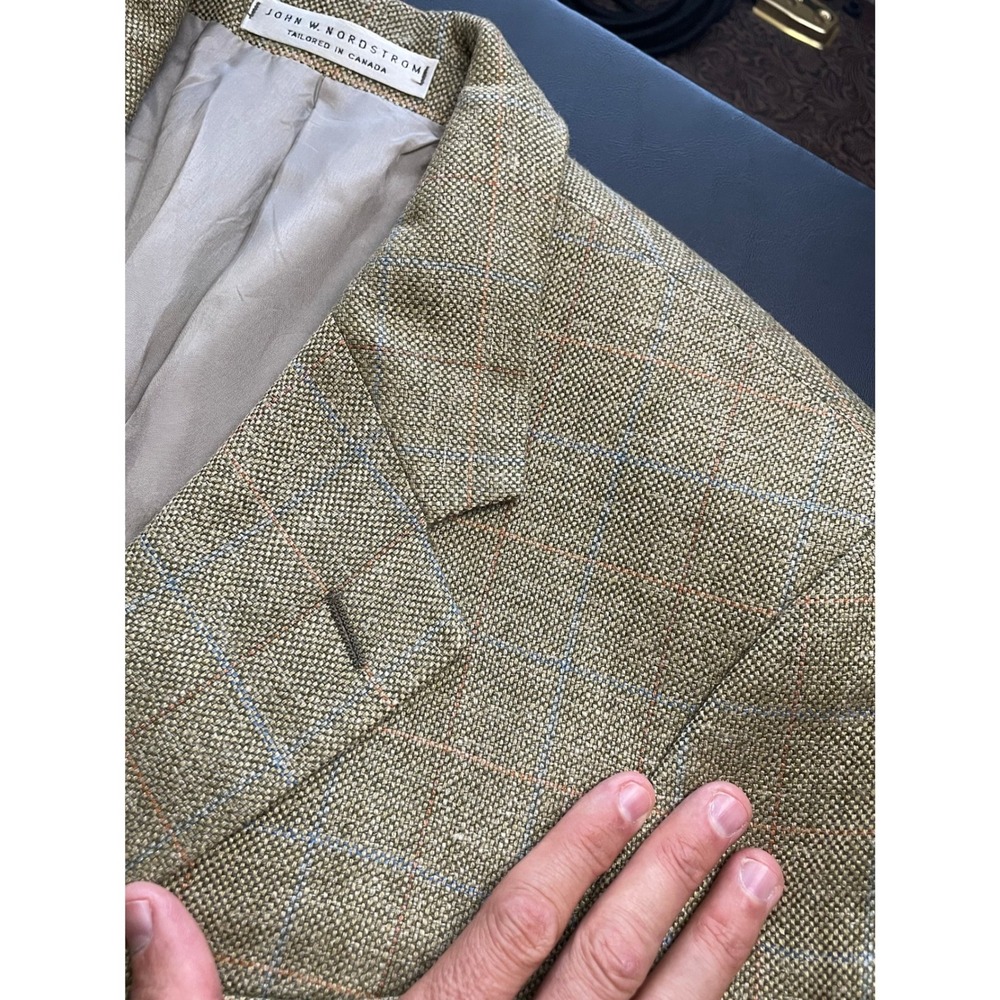 E.Thomas 42L Green Tan Silk Linen Wool Blend John W. Nordstrom Windowpane Check